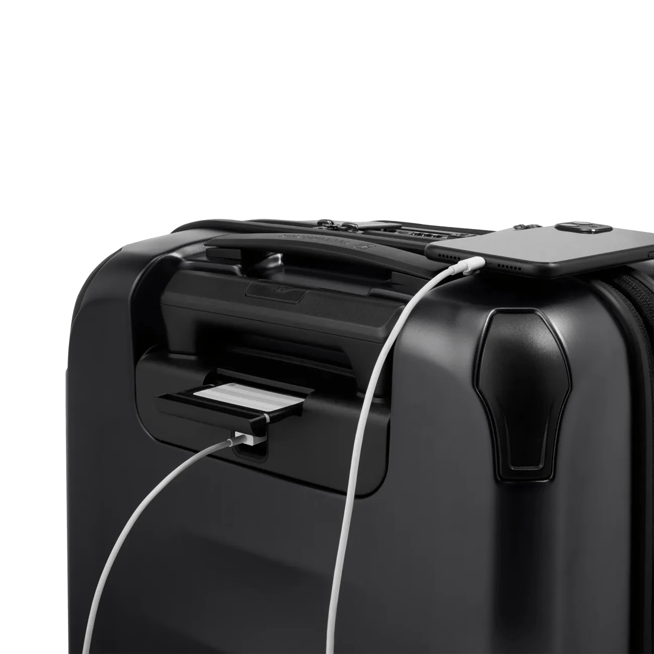 Black suitcase with a built-in USB charging port.