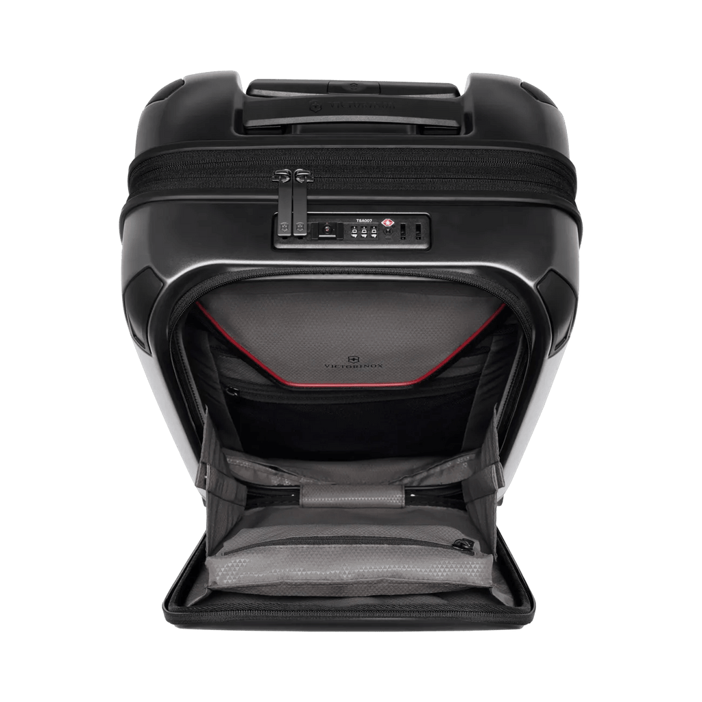 Black hardshell rolling suitcase with an open front compartment.