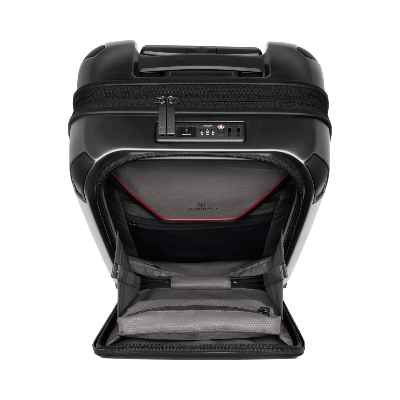 Black hardshell rolling suitcase with an open front compartment.