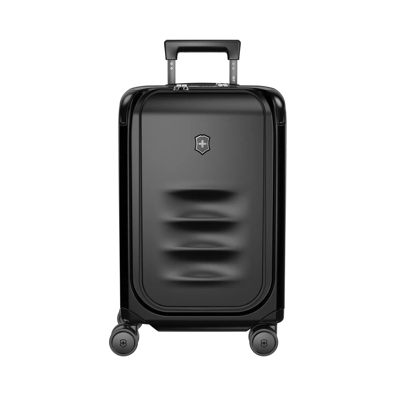 Black hardshell rolling suitcase with a retractable handle and four wheels.