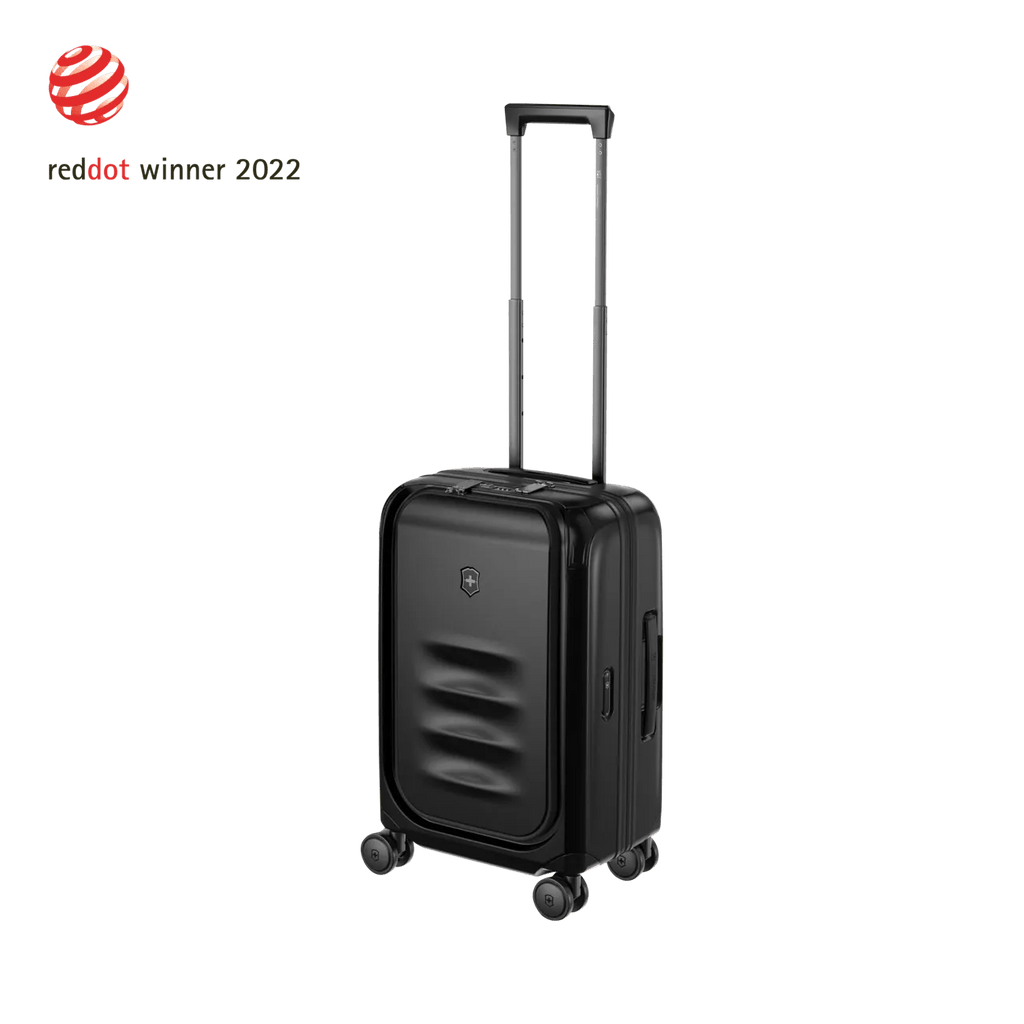 Black hardshell carry-on suitcase with a retractable handle and wheels.