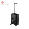 Black hardshell carry-on suitcase with a retractable handle and wheels.