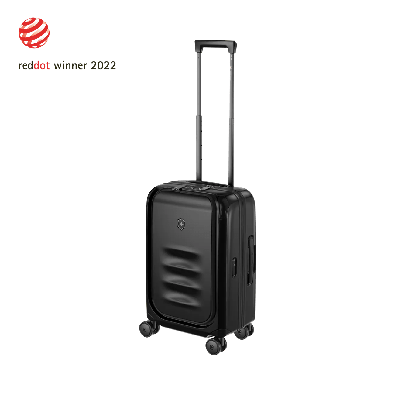 Black hardshell carry-on suitcase with a retractable handle and wheels.