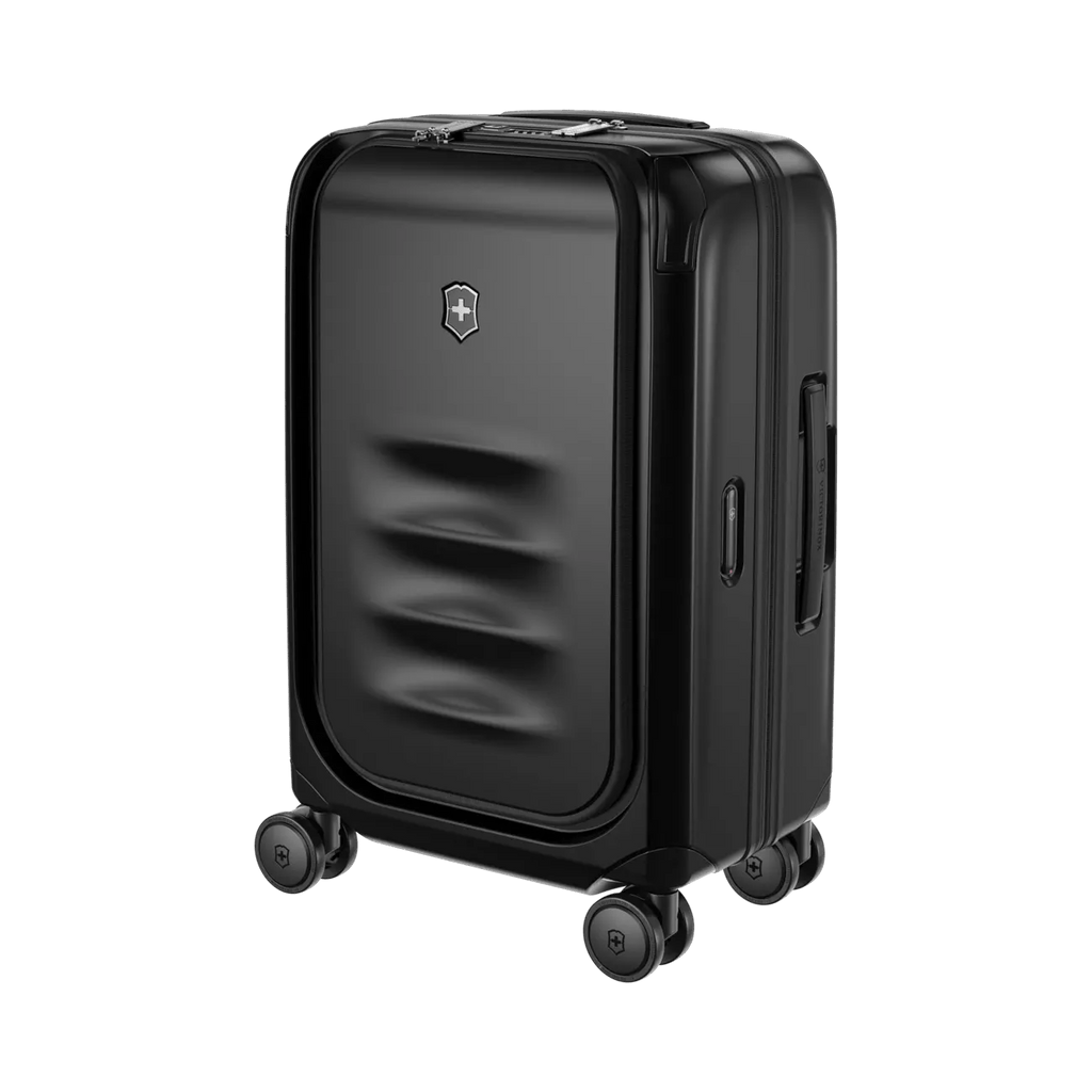 Black hardshell carry-on suitcase with wheels and a Victorinox logo.