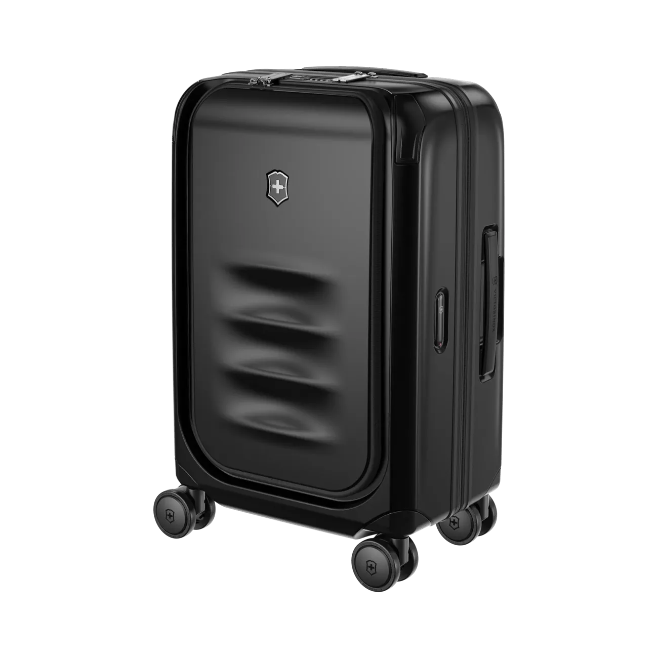 Black hardshell carry-on suitcase with wheels and a Victorinox logo.