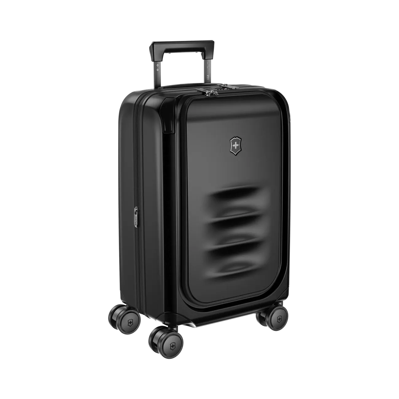 Black hardshell rolling suitcase with a retractable handle and four wheels.