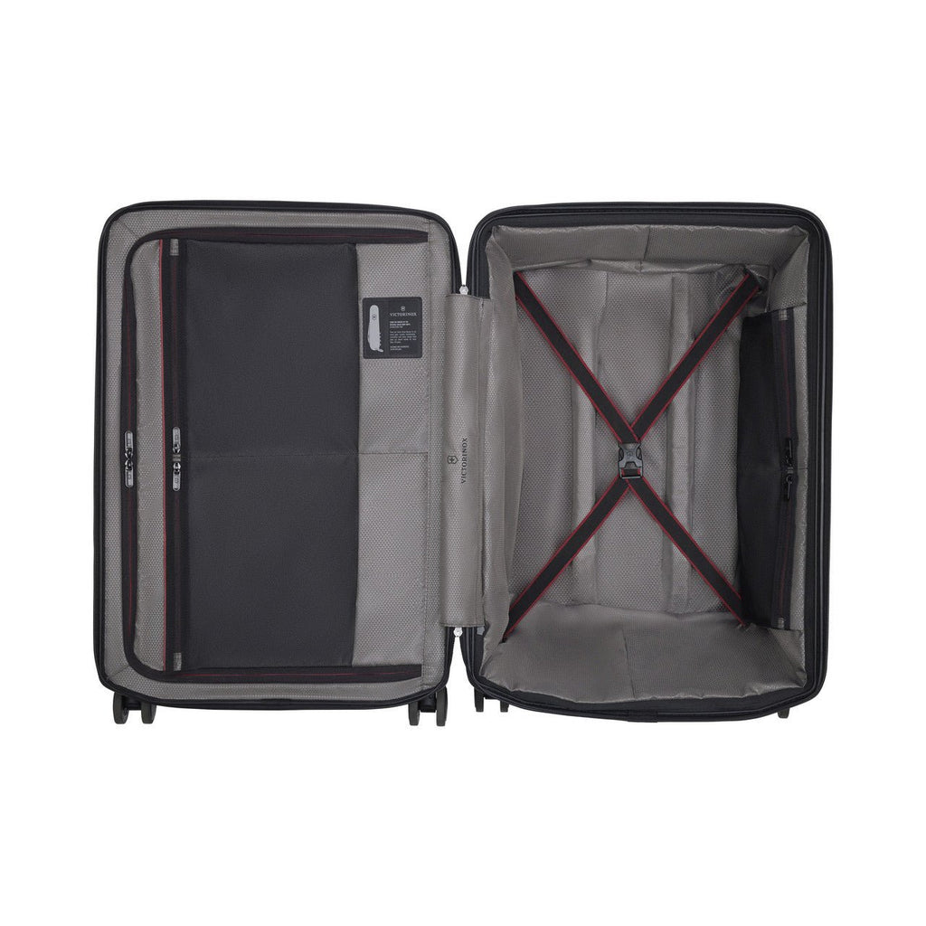 Open suitcase showing its interior compartments and organizational features.
