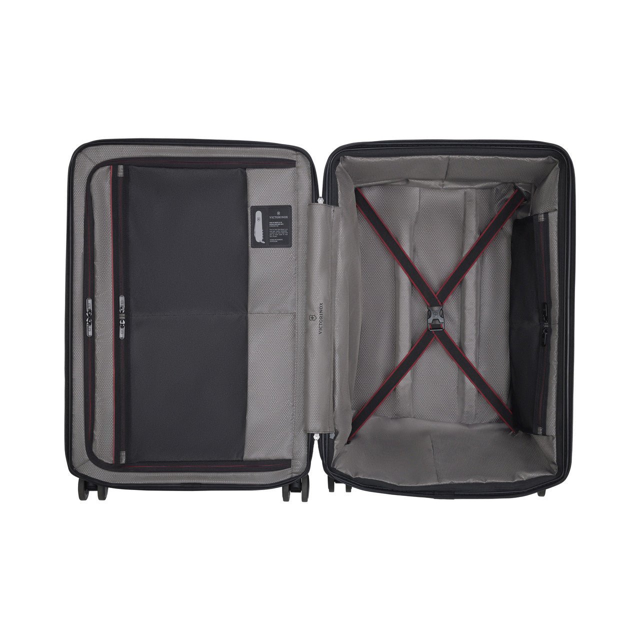 Open suitcase showing its interior compartments and organizational features.