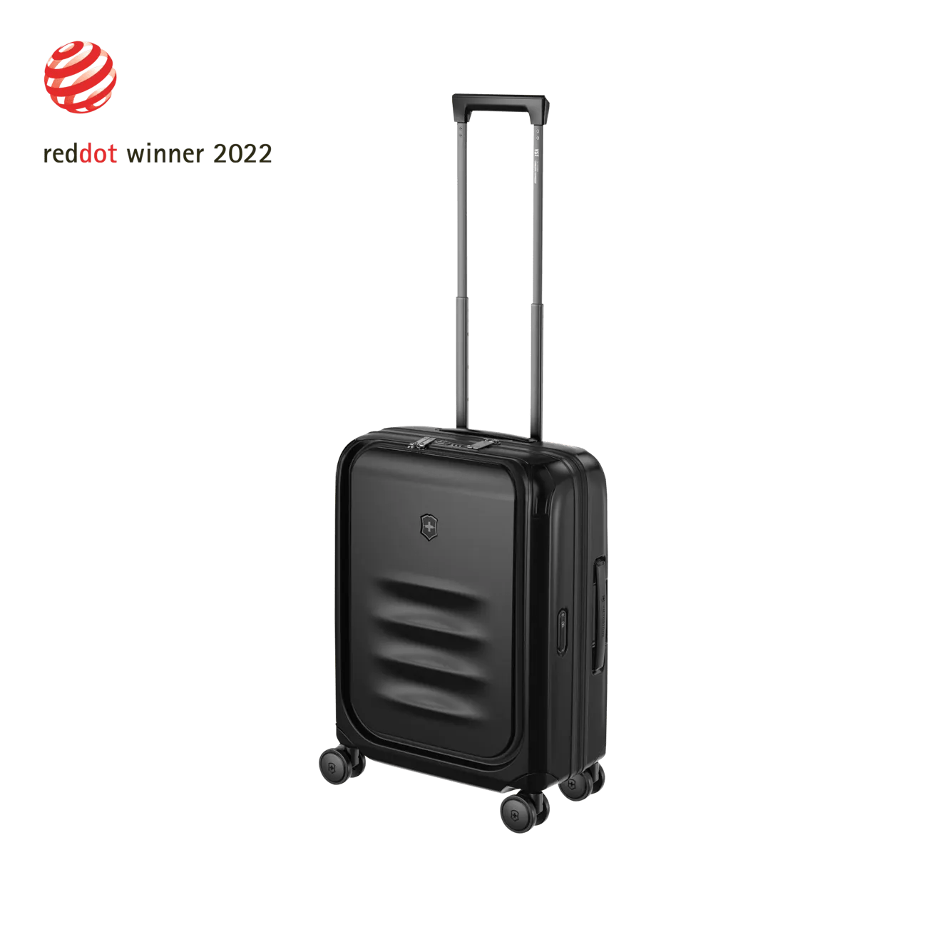 Black hardshell carry-on suitcase with a retractable handle and wheels.
