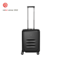 Black hardshell rolling suitcase with an extendable handle and wheels.