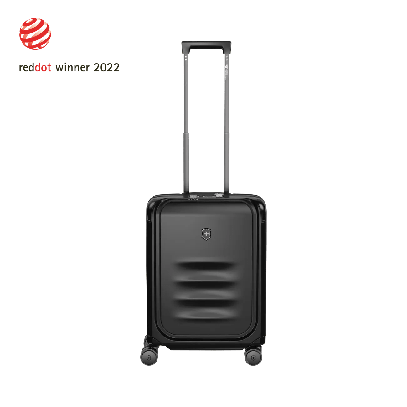 Black hardshell rolling suitcase with an extendable handle and wheels.