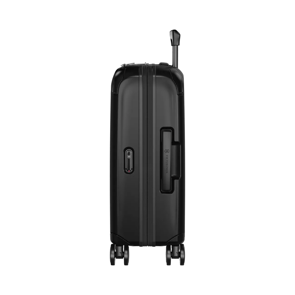 Black hardshell rolling suitcase with a retractable handle and wheels.