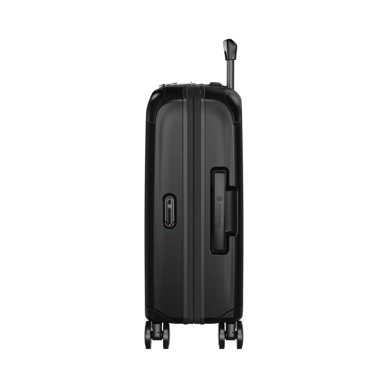 Black hardshell rolling suitcase with a retractable handle and wheels.