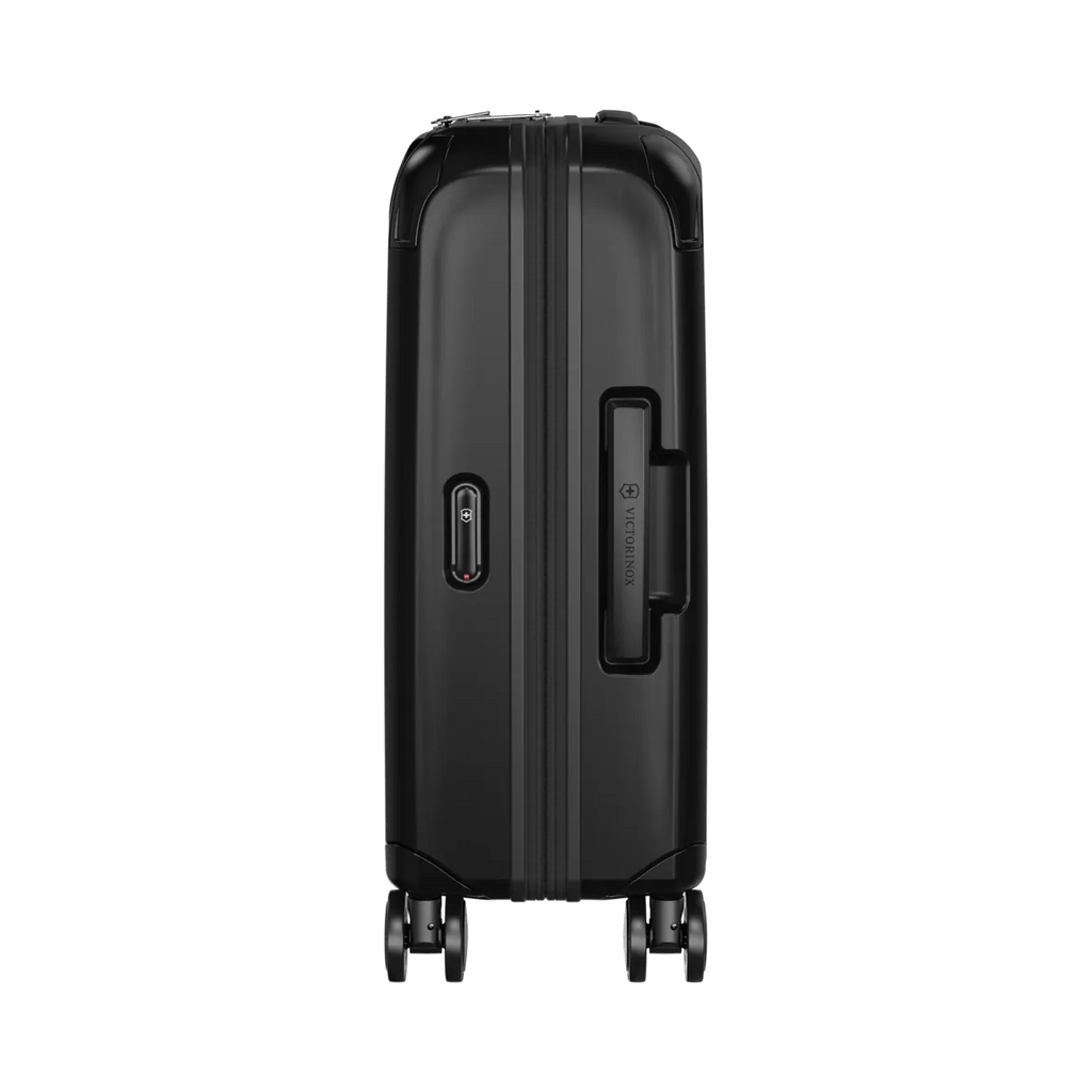 Black hardshell rolling suitcase with wheels and a retractable handle.