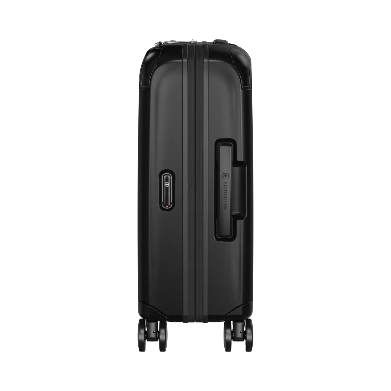Black hardshell rolling suitcase with wheels and a retractable handle.