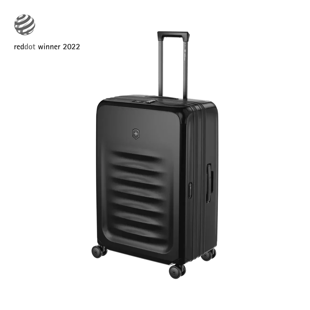 Black hardshell suitcase with horizontal ridges and a retractable handle.