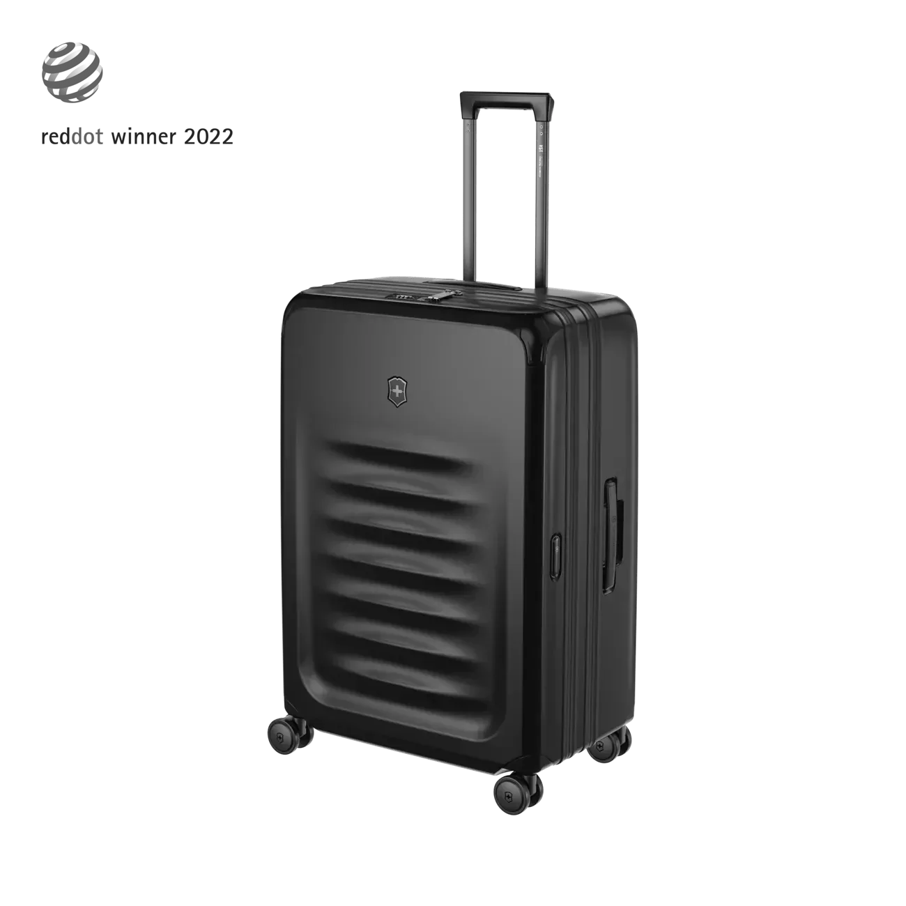Black hardshell suitcase with horizontal ridges and a retractable handle.