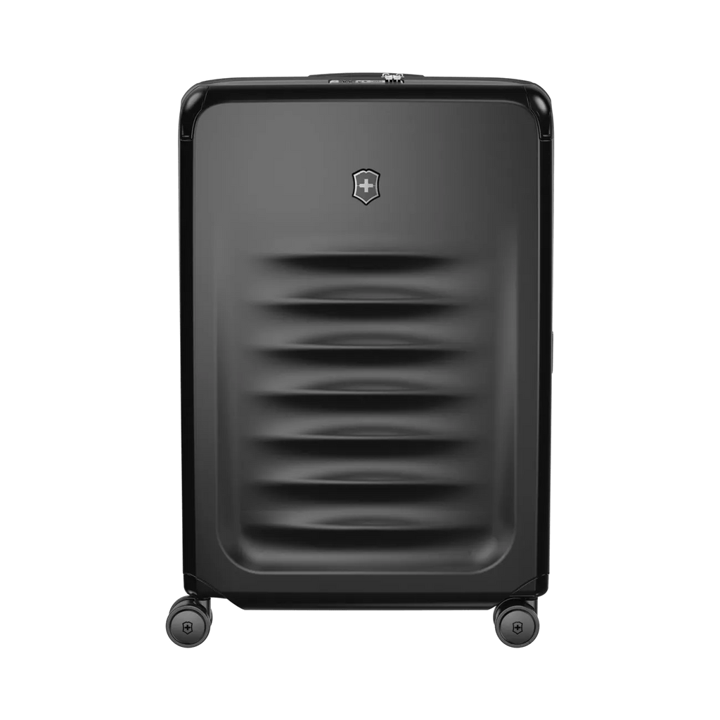 Black hardshell rolling suitcase with horizontal ridges on the front.