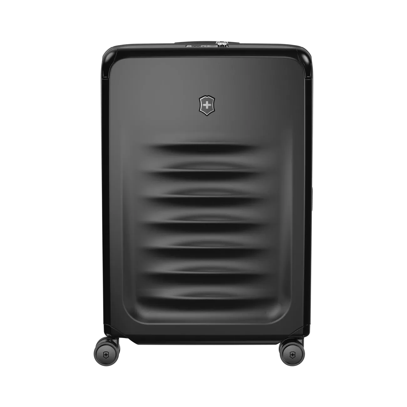 Black hardshell rolling suitcase with horizontal ridges on the front.