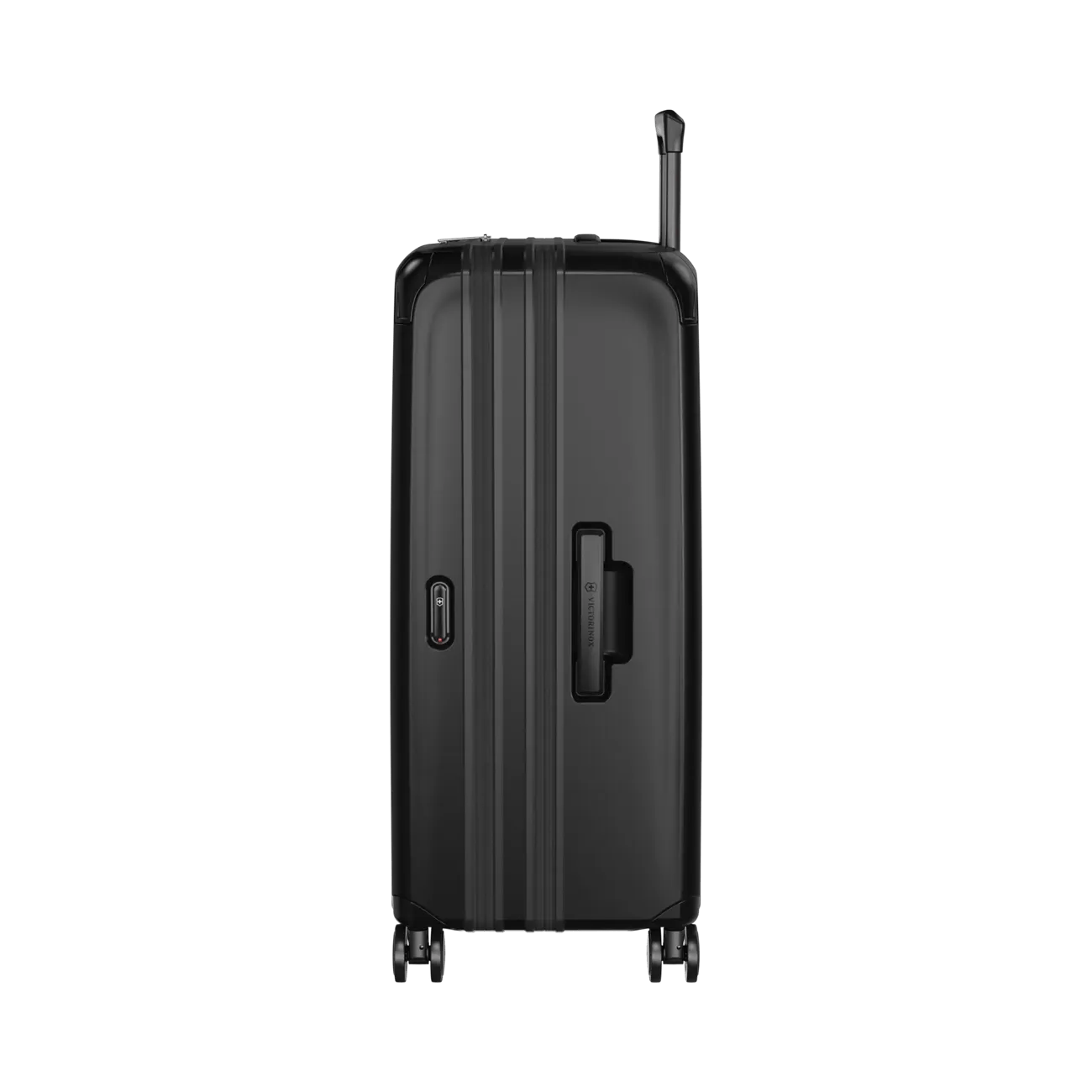 Black hardshell rolling suitcase with vertical ridges and extendable handle.