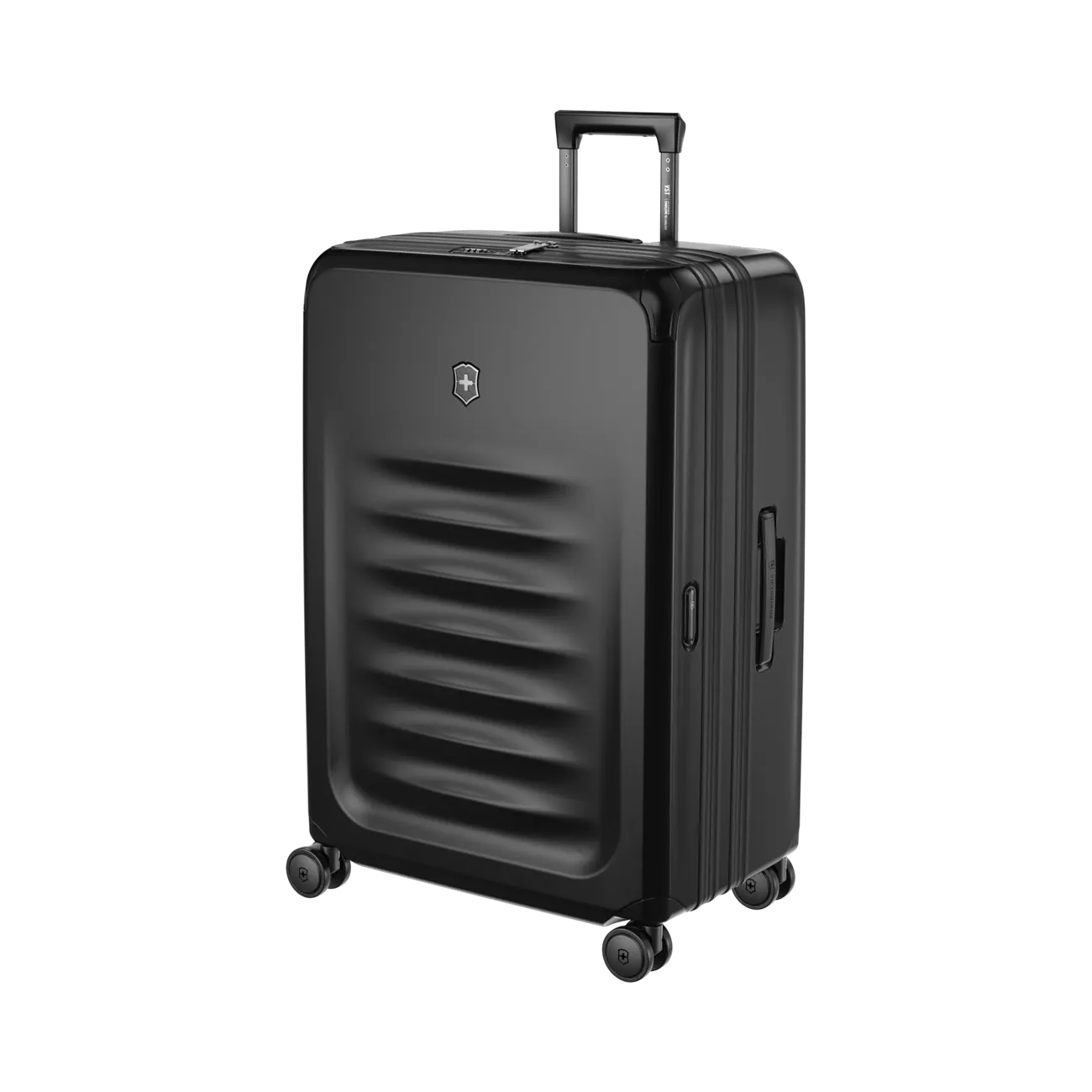 Black hardshell rolling suitcase with horizontal ridges on the front.