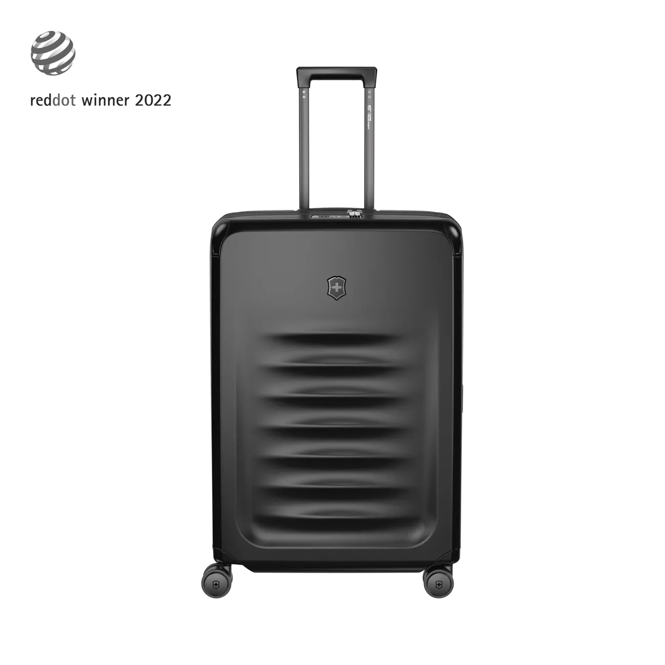 Black hardshell suitcase with horizontal ridges and a retractable handle.