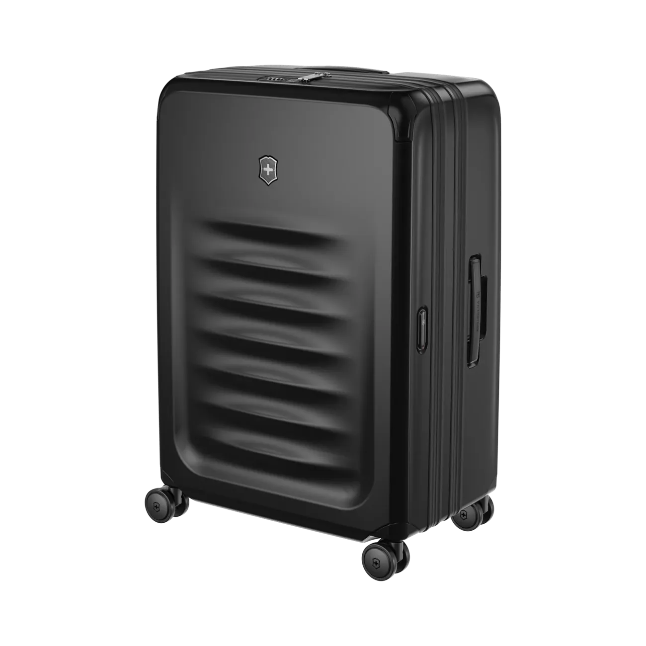 Black hardshell rolling suitcase with horizontal ridges on the front panel.