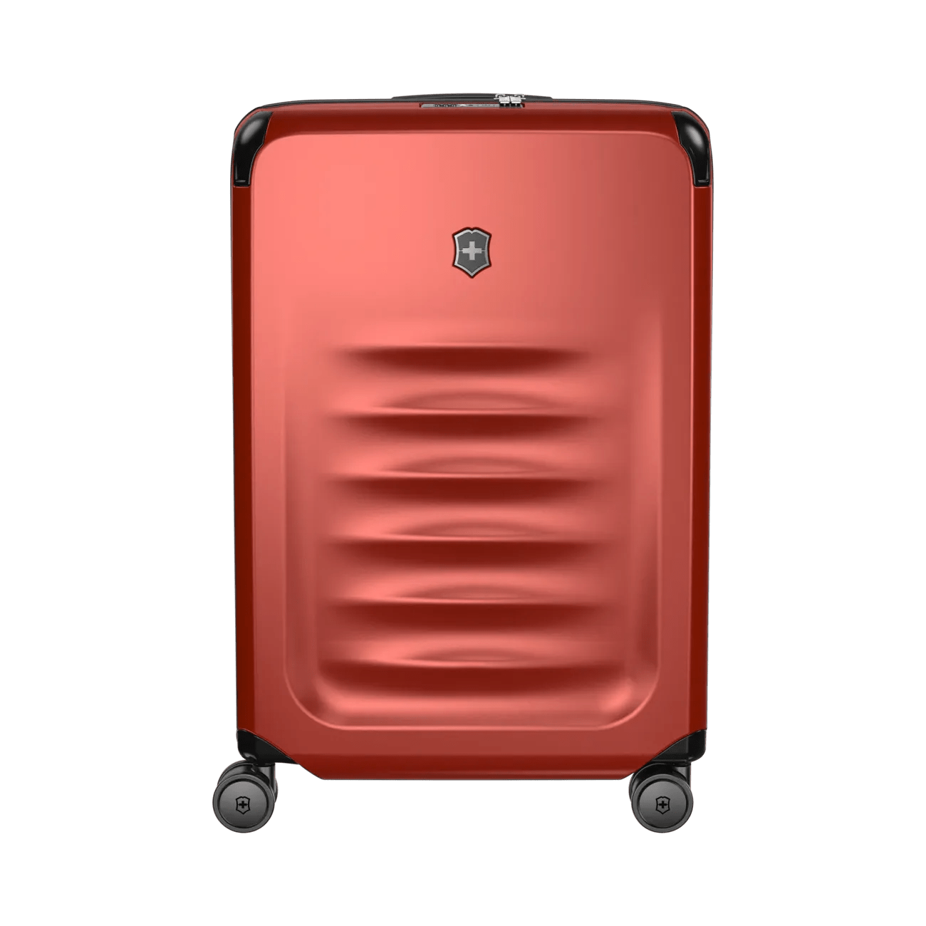 Red hardshell rolling suitcase with horizontal ridges and a logo emblem.