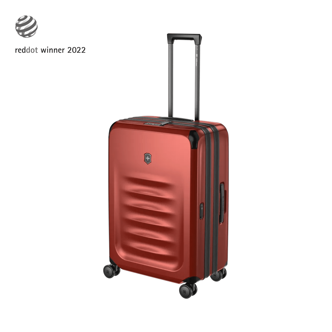 Red hardshell rolling suitcase with horizontal ridges and an extendable handle.