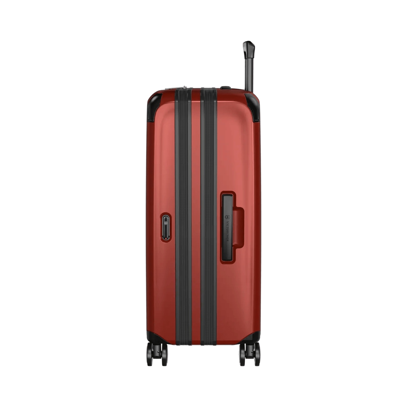 Red hardshell suitcase with black trim and wheels.
