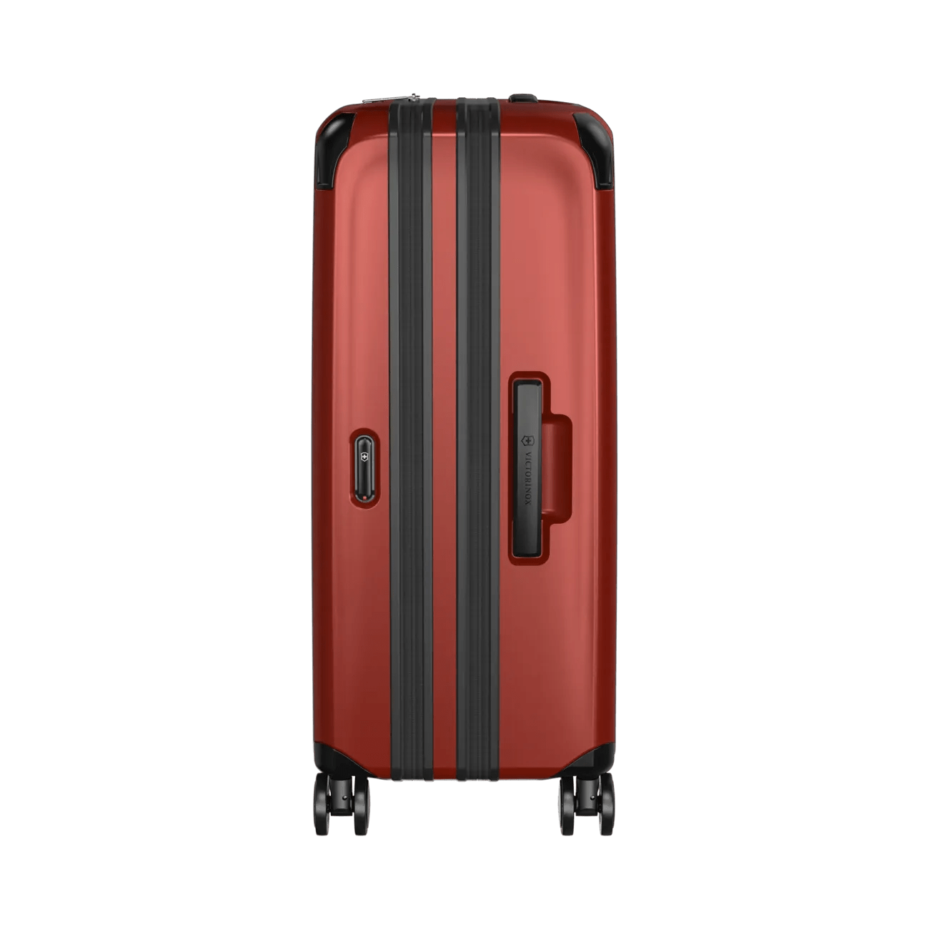 Red hardshell suitcase with black trim and wheels.