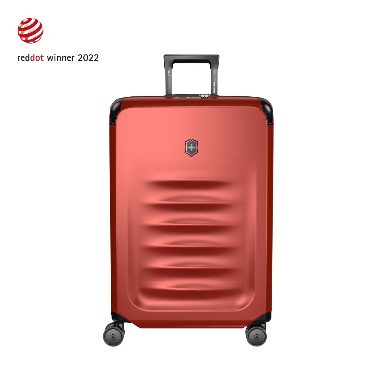 Red hardshell rolling suitcase with horizontal ridges and a retractable handle.