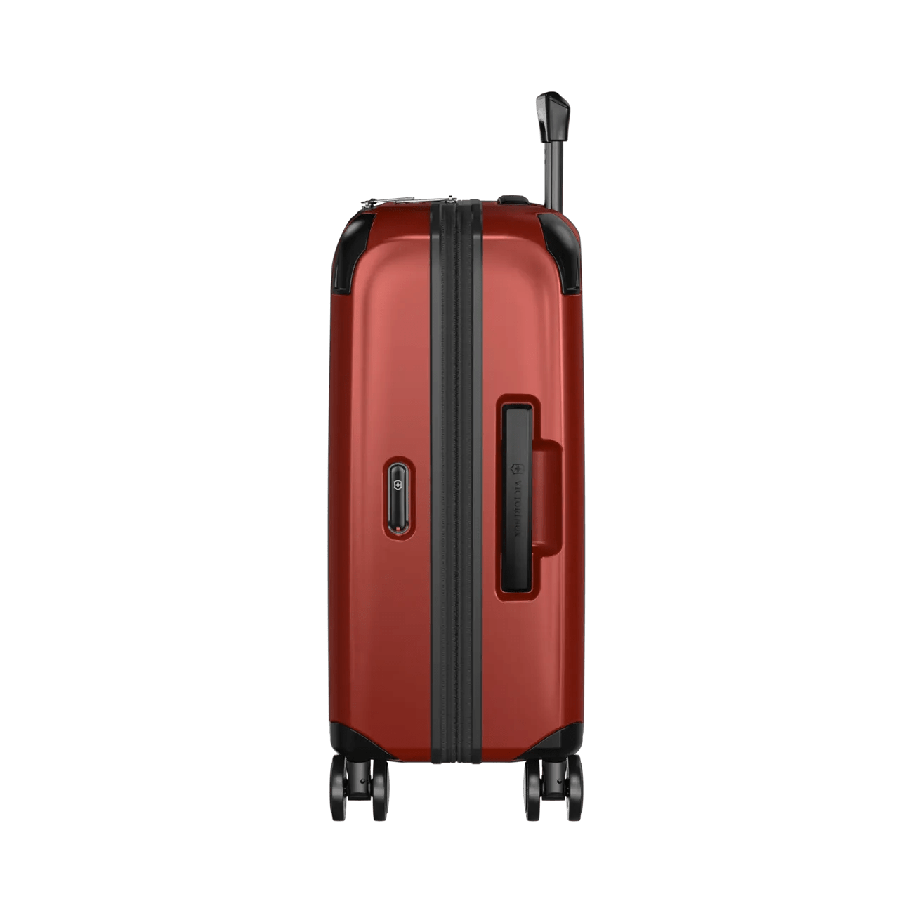 Red hardshell rolling suitcase with black trim and wheels.