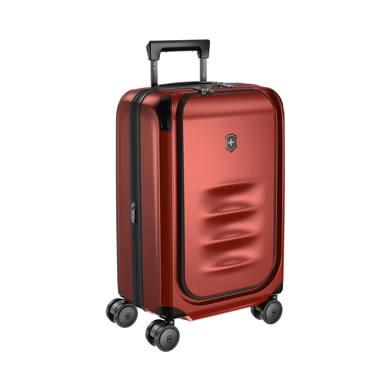 Red hardshell rolling suitcase with a retractable handle and wheels.