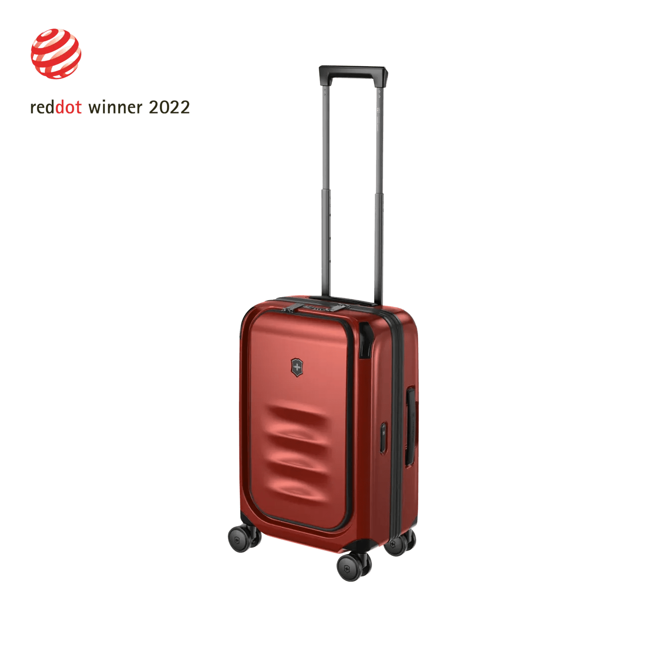 Red hardshell carry-on suitcase with a telescoping handle and wheels.