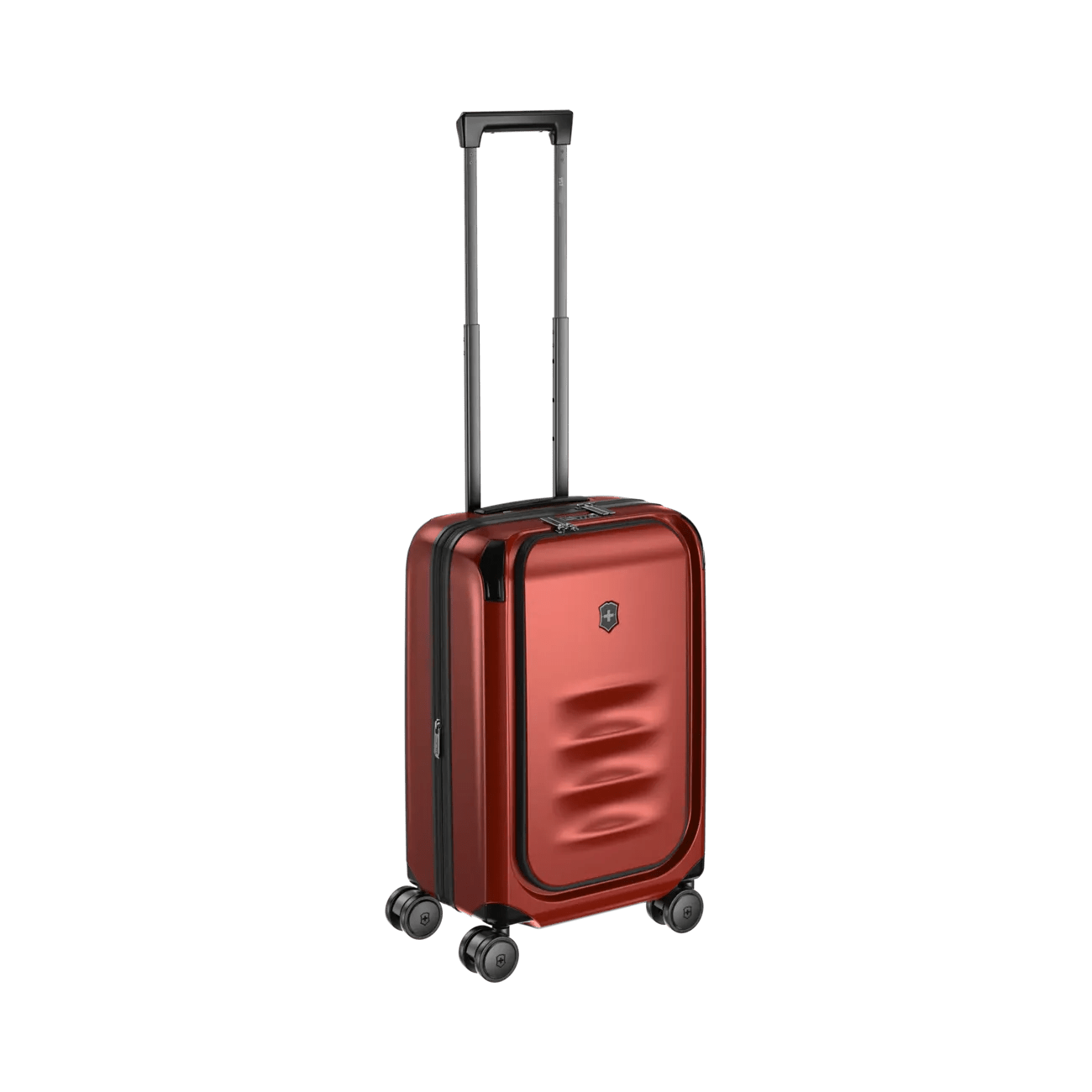 Red hardshell carry-on suitcase with telescoping handle and wheels.