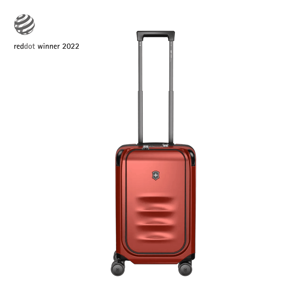 Red hardshell carry-on suitcase with a telescoping handle and wheels.