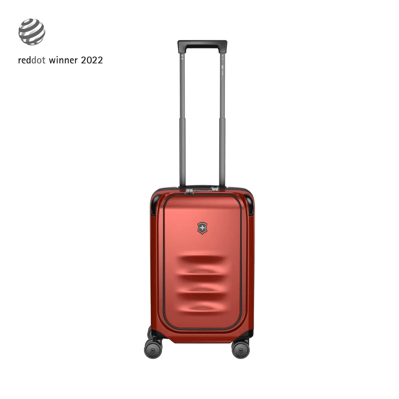 Red hardshell carry-on suitcase with a telescoping handle and wheels.