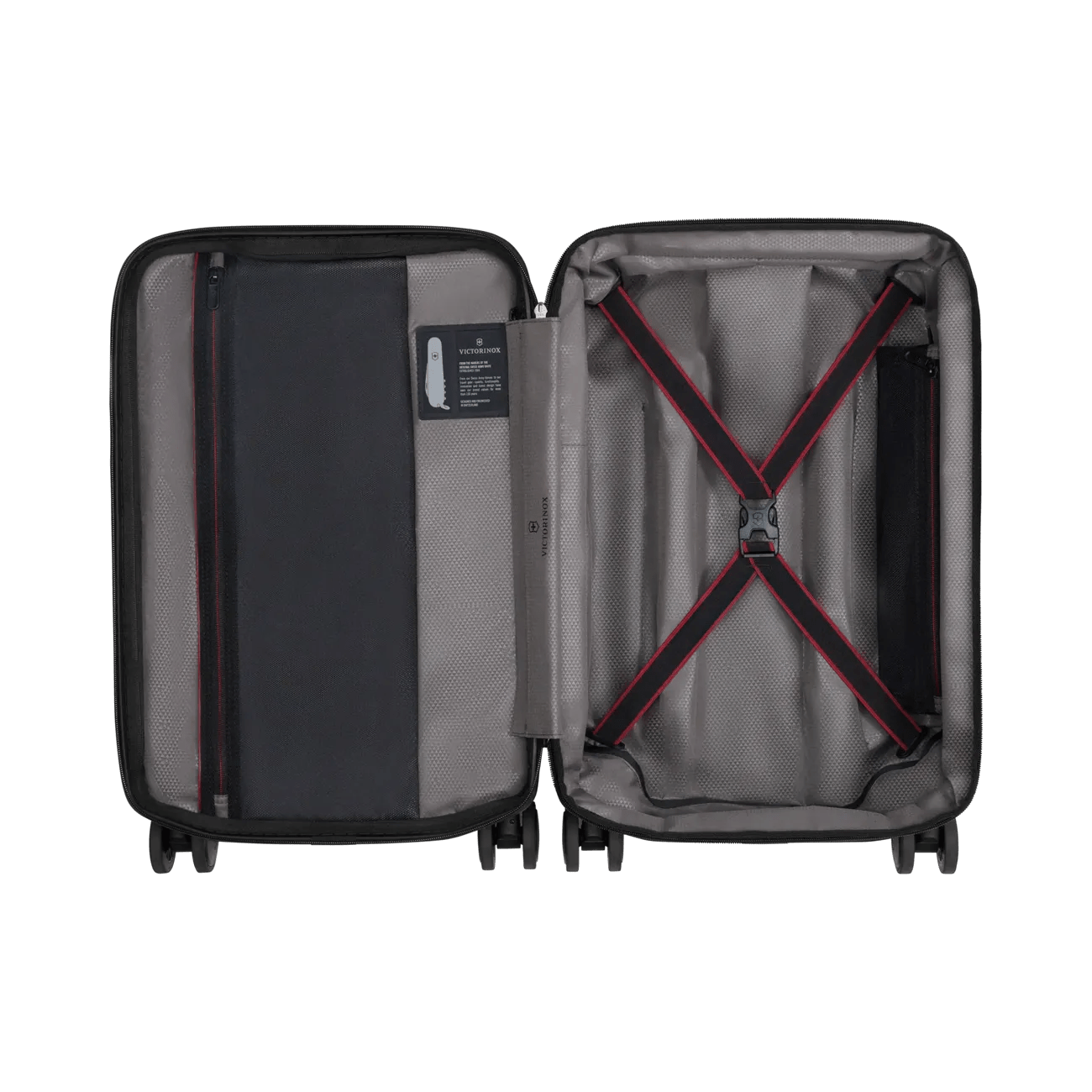 Open suitcase with interior compartments and straps visible.