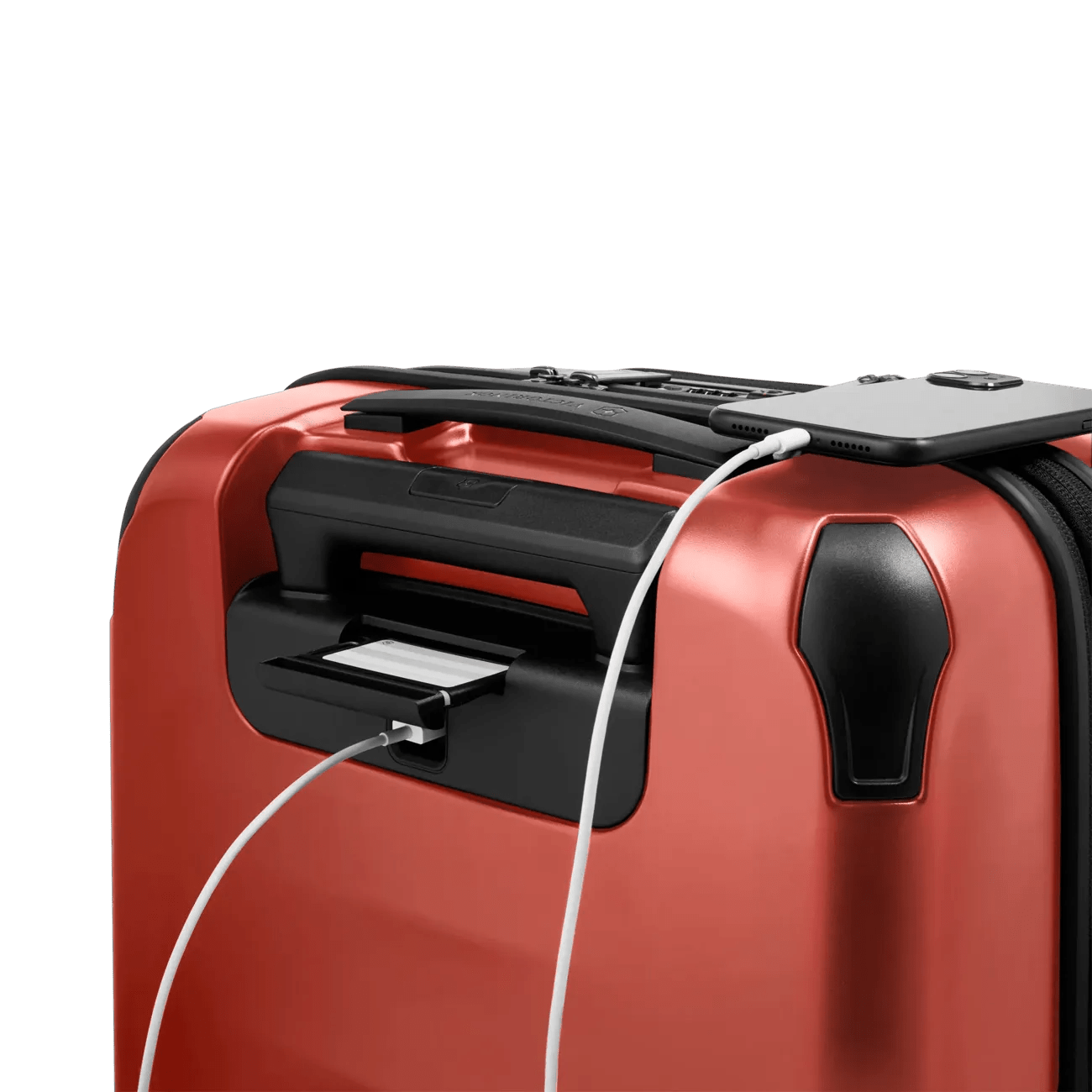 Red suitcase with a built-in USB charging port.