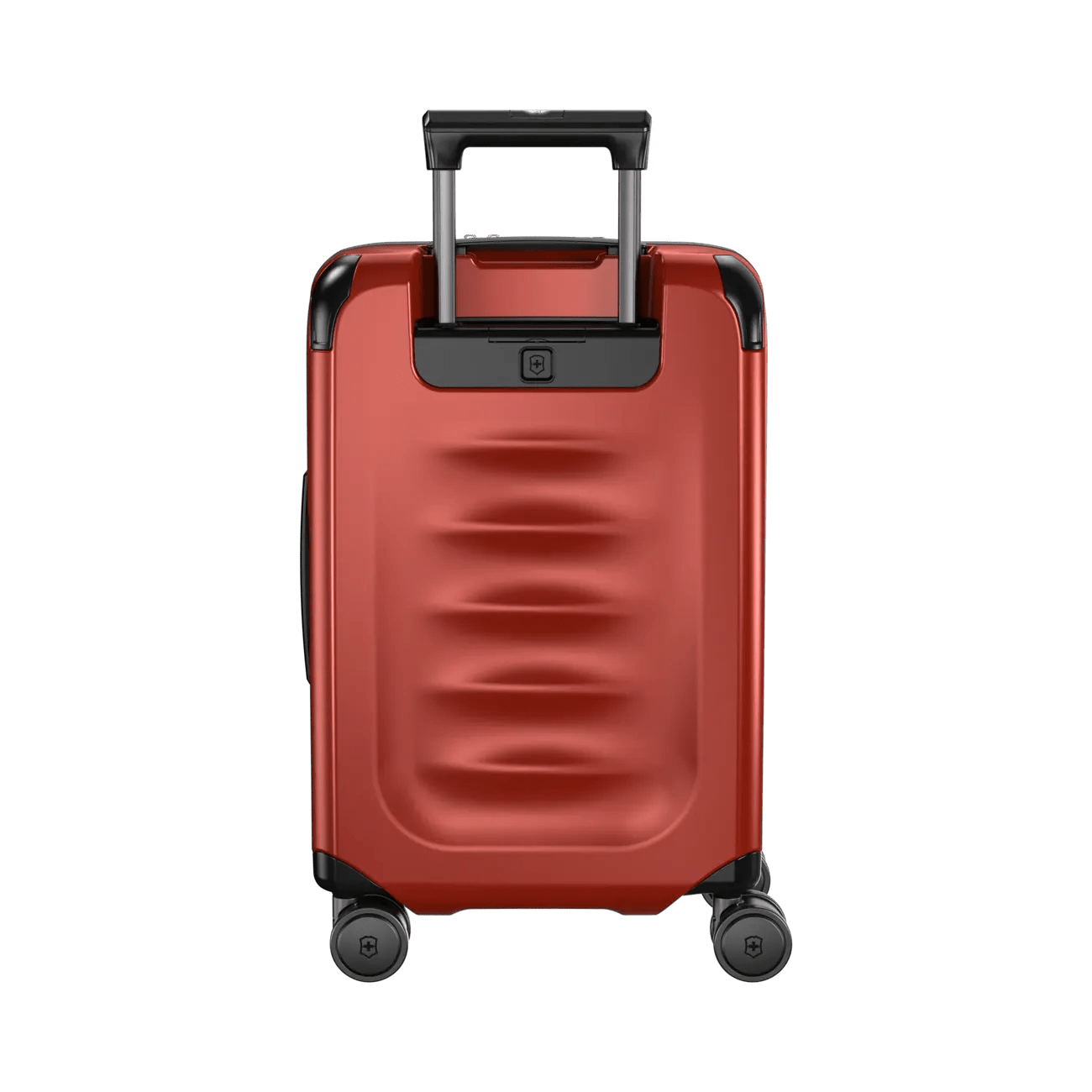 Red hardshell rolling suitcase with a retractable handle and wheels.