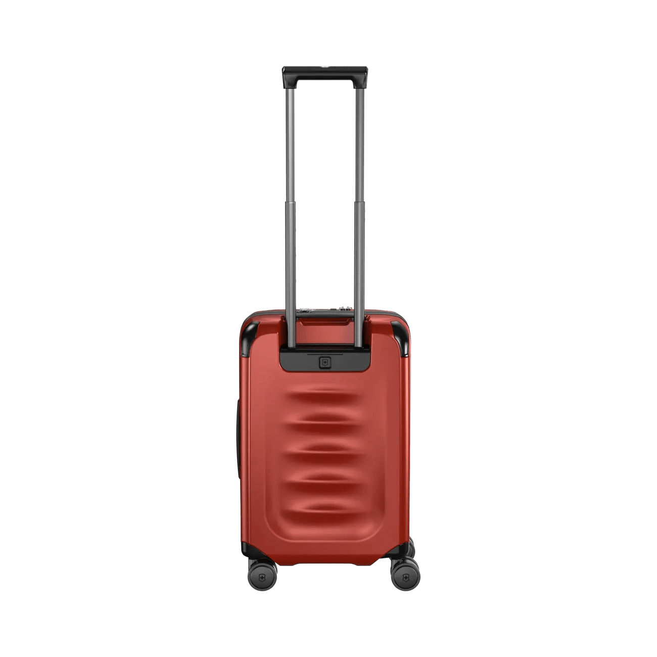 Red hardshell rolling suitcase with an extendable handle and wheels.