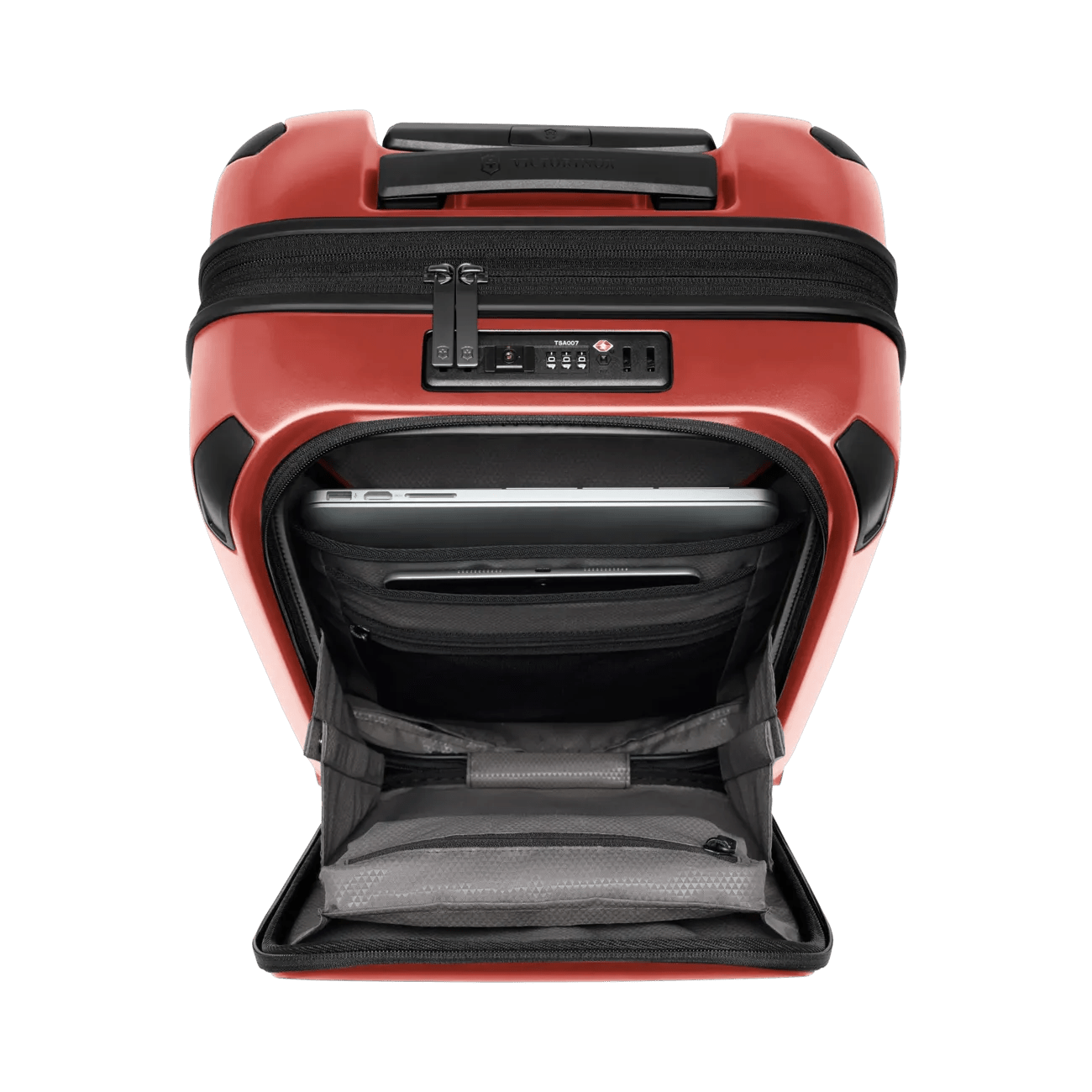 Red hardshell suitcase with an open front compartment and a combination lock.