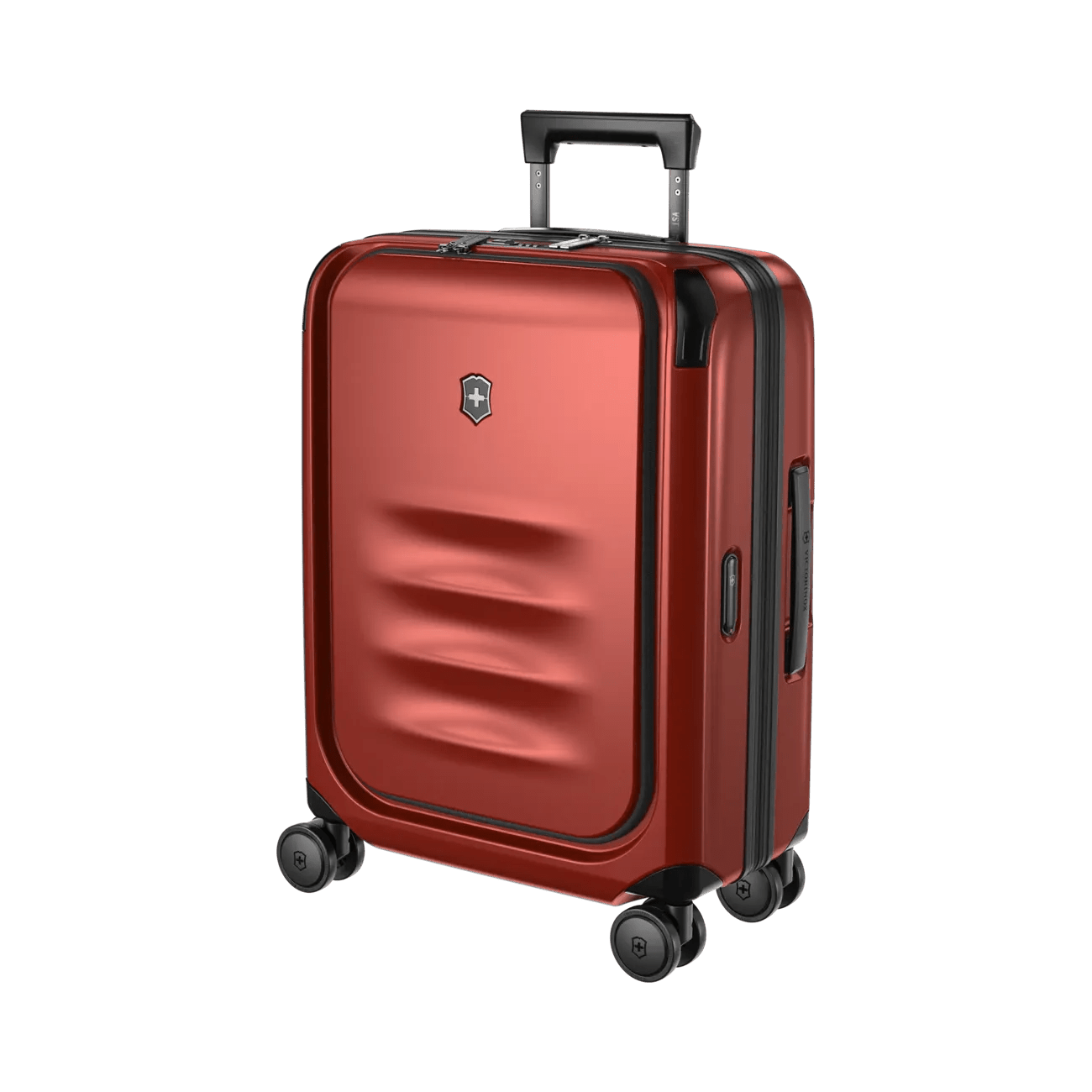 Red hardshell rolling suitcase with a retractable handle and wheels.