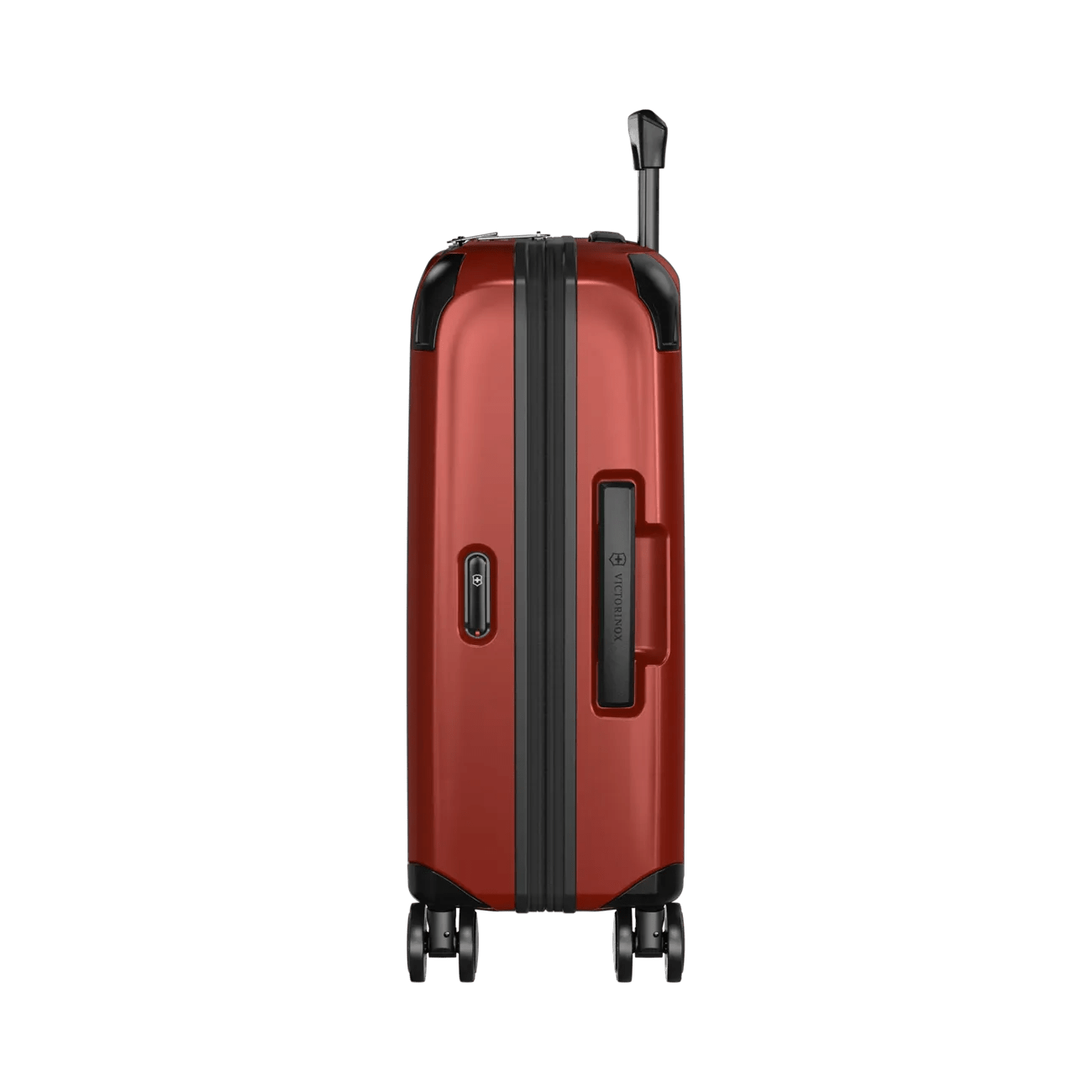 Red hardshell rolling suitcase with black trim and wheels.