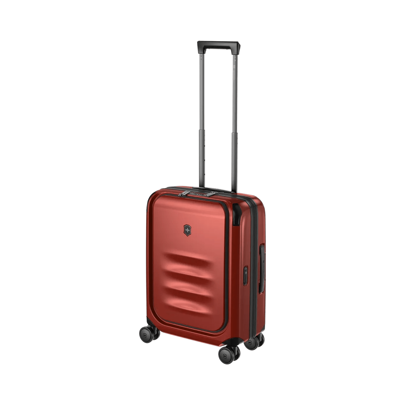 Red hardshell rolling suitcase with an extendable handle and wheels.