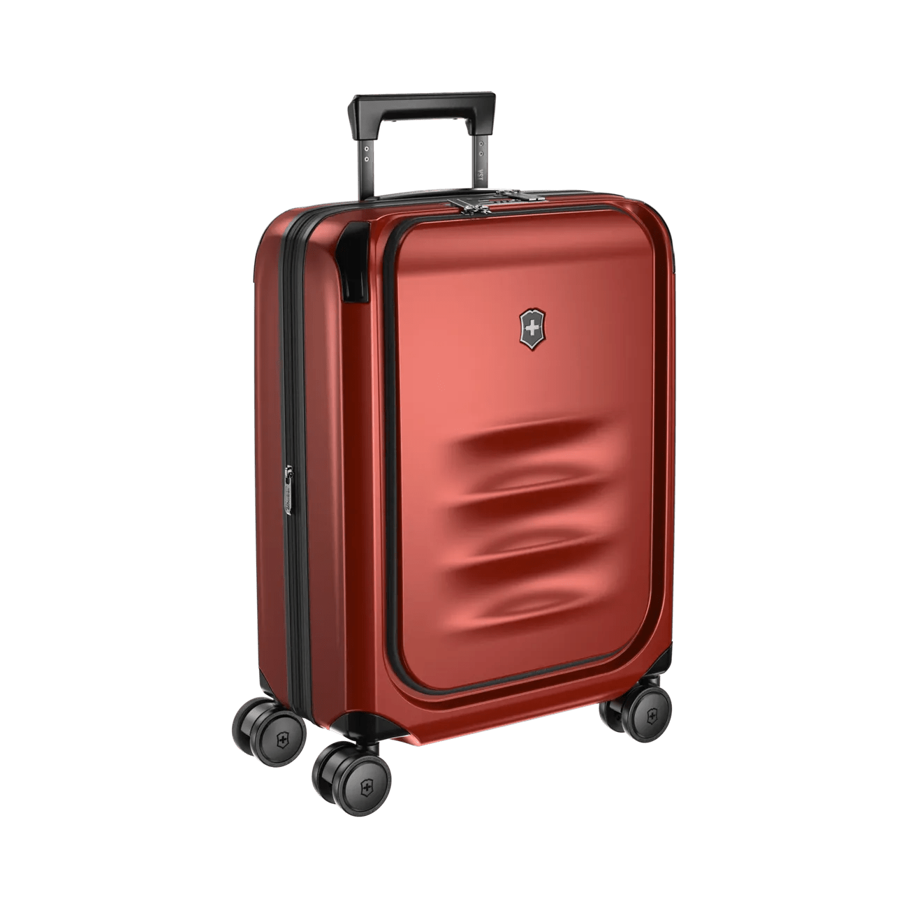 Red hardshell rolling suitcase with a retractable handle and spinner wheels.
