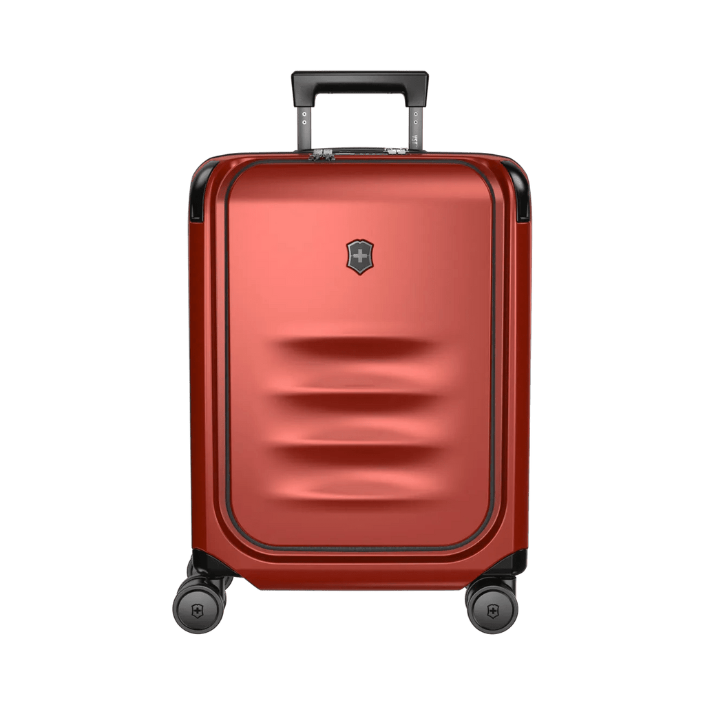 Red hardshell rolling suitcase with a retractable handle and wheels.