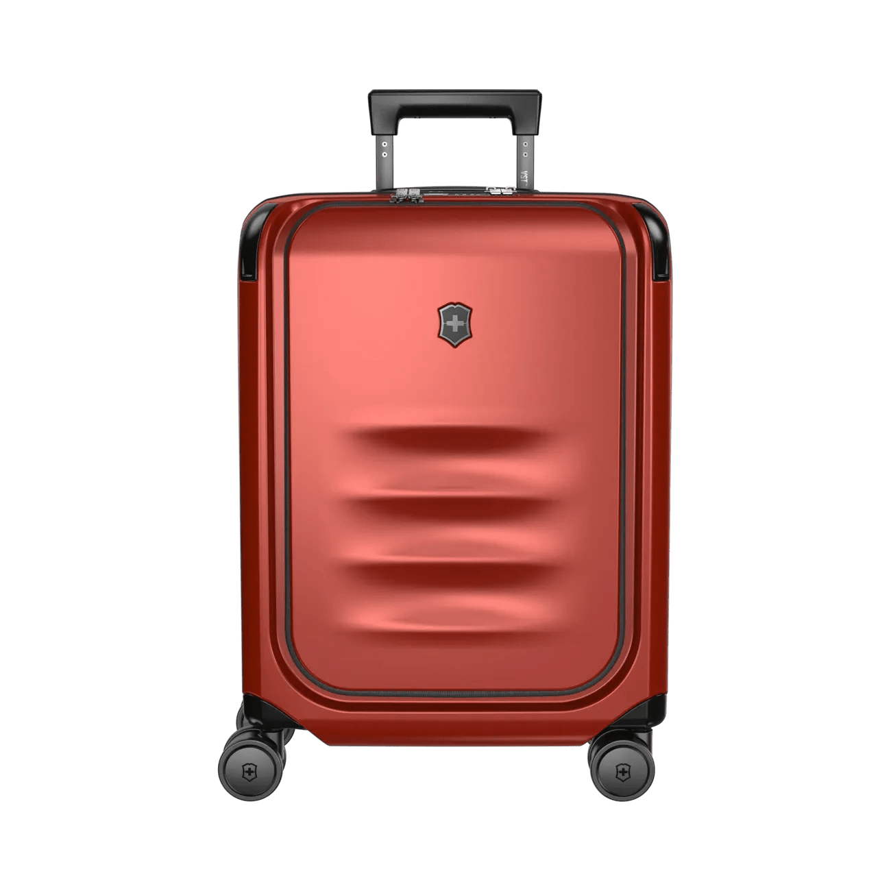 Red hardshell rolling suitcase with a retractable handle and wheels.