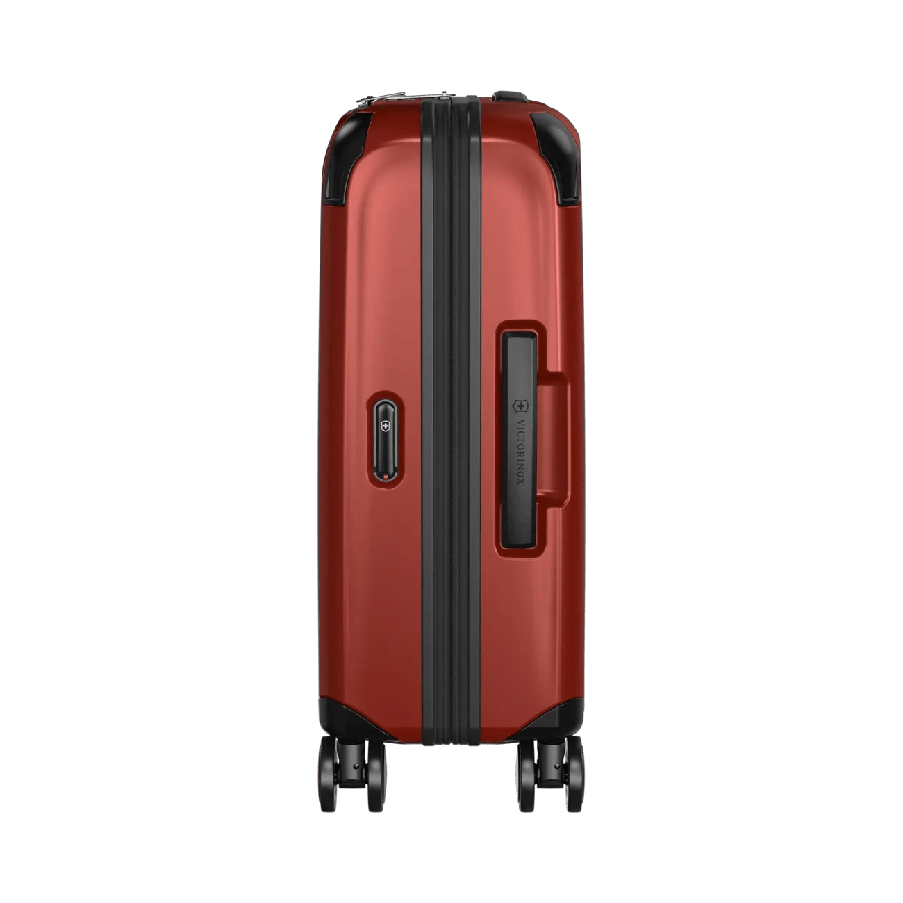 Red hardshell rolling suitcase with black trim and wheels.